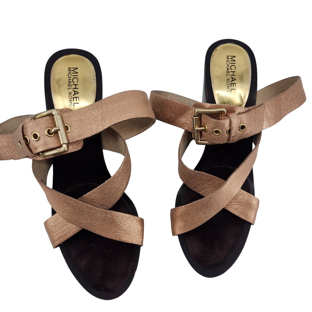 Michael Kors Wedge Sandals 10M Rose Gold Metallic Criss Cross Strap Platform‎